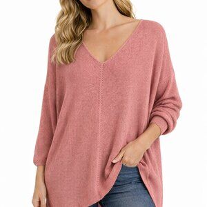 Ces Femme Rose Sweater V-neck Long Sleeves Warm Cozy Oversized